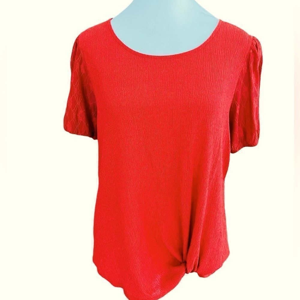 NWT BCX rust crinkle scoop neck short sleeved lace sleeved twist front top sz M